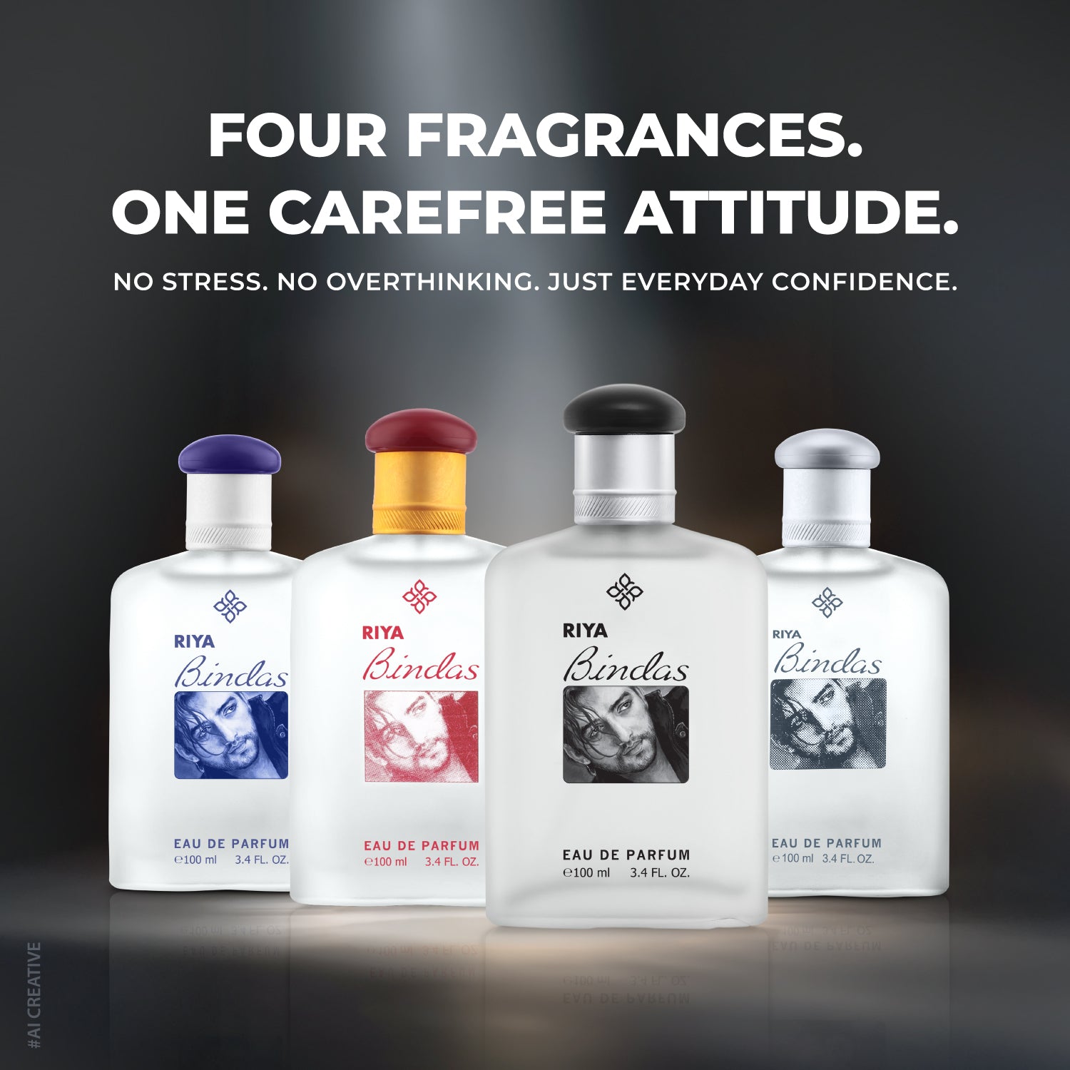 Four RIYA Bindas perfume bottles with colored caps on a dark background