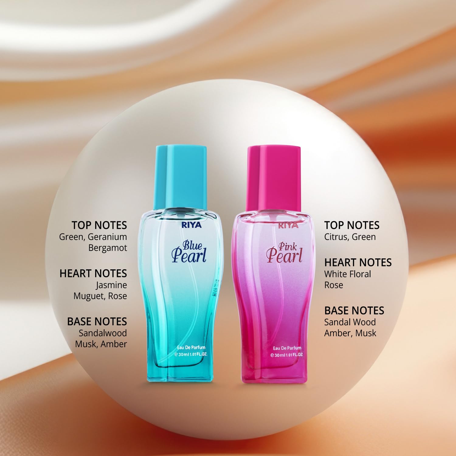 RIYA BLUE PEARL &amp; PINK PEARL | 30 ml Each Perfume for Women | Eau De Parfum with Long Lasting Fragrance | Citrus Jasmine &amp; Rose Scent | Mild Fragrance | Fragrance Spray | Gift Scent for Her