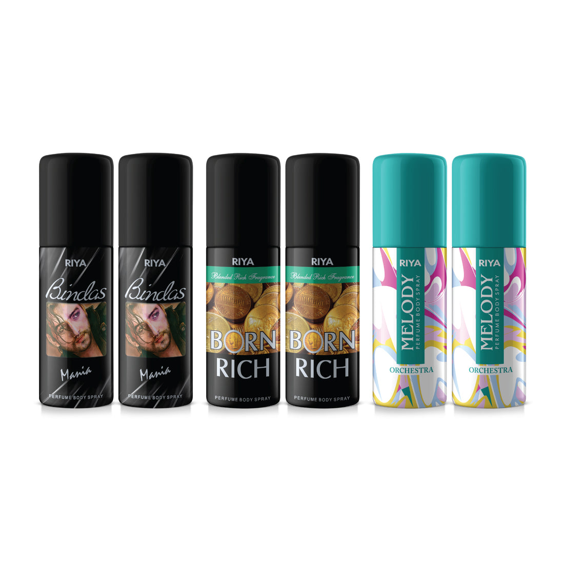 Born Rich, Melody Orchestra & Bindas | Pack of 6 | Unisex Deodorant | 40 ml Each
