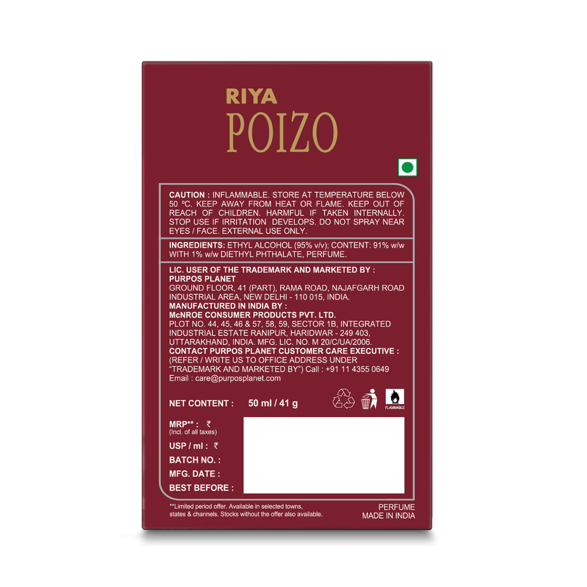 Riya Poizo Unisex Perfume 50 ml Eau De Parfum