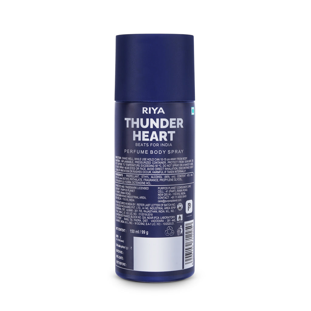 Riya Thunderheart Blue Combo of 10 Deodorant | 150 ml Each | Bergamot Aromatic Fragrance