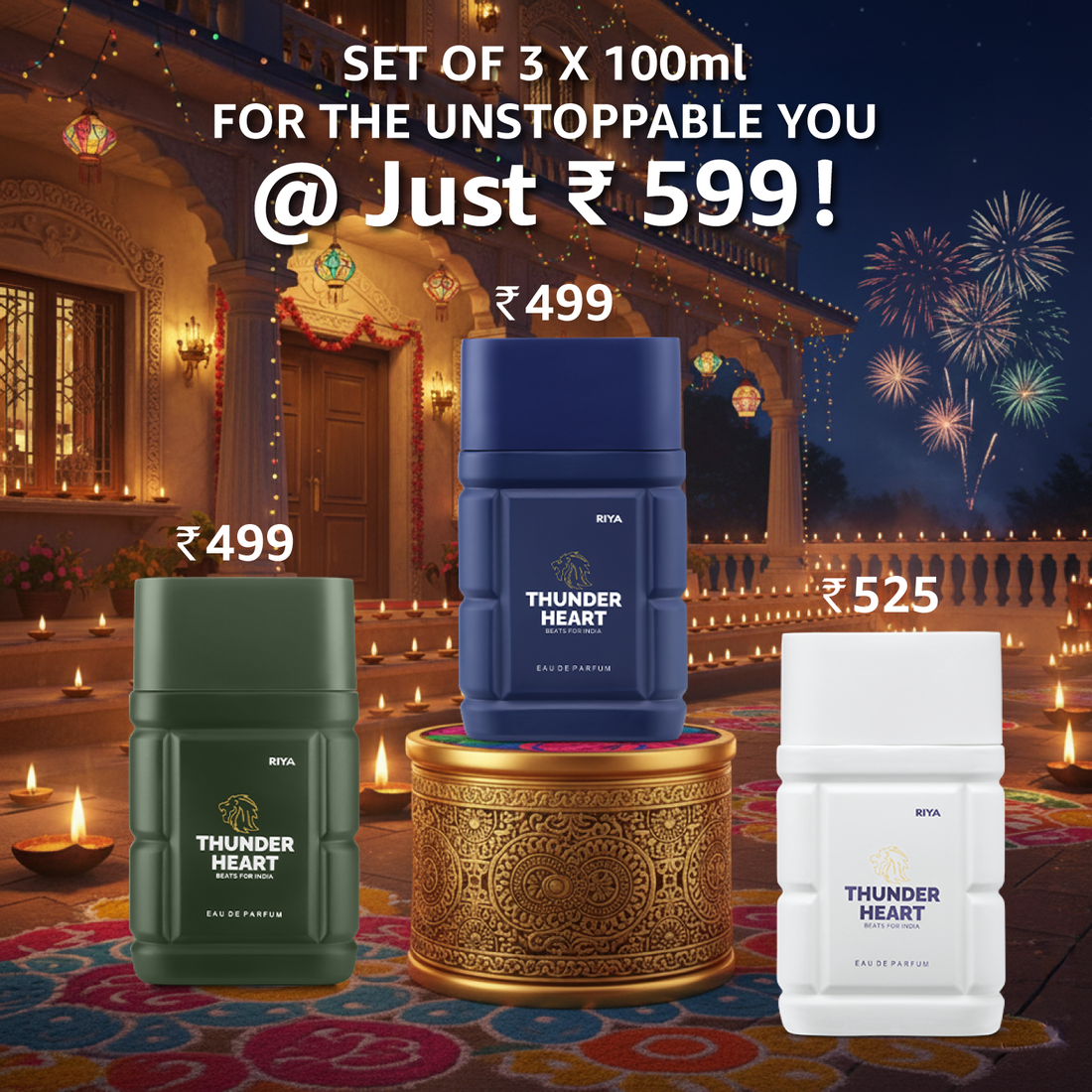 THUNDERHEART BEATS FOR INDIA (Blue, White &amp; Green) Perfume for Men &amp; Women (100 ml each), Eau De Parfum Pack of 3