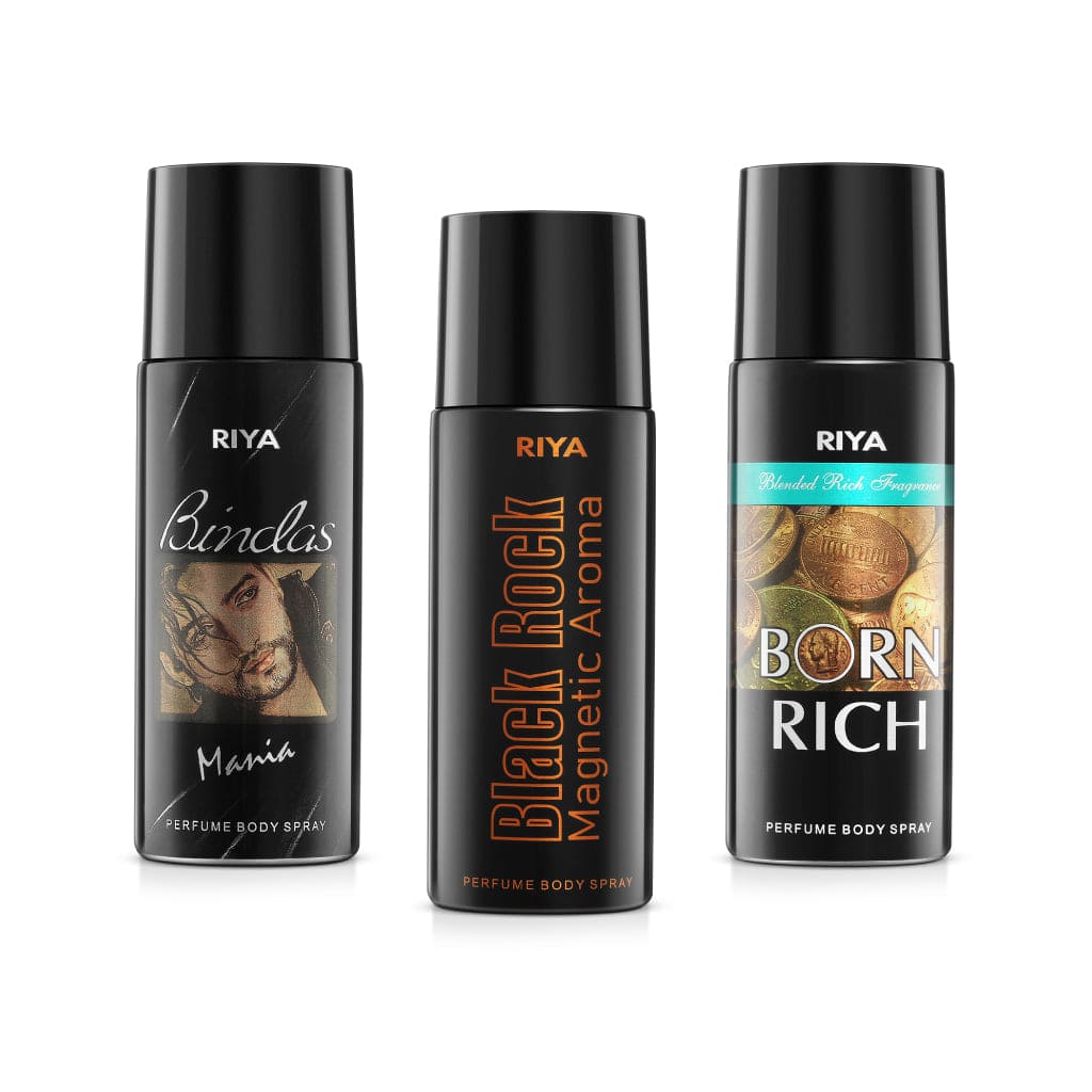 Riya Bindas And Black Rock And Born Rich Body Spray Deodorant For Men's Pack Of 3 150 Ml Each