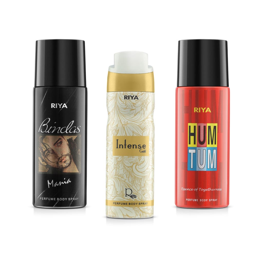 Riya Bindas And Intense Gold And Hum Tum Body Spray Deodorant For Unisex Pack Of 3