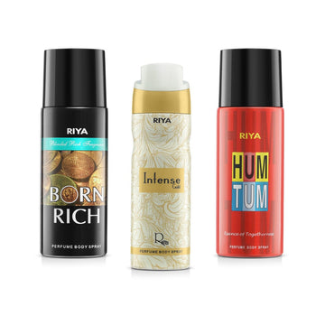 Riya Born Rich And Intense Gold And Hum Tum Body Spray Deodorant For Unisex Pack Of 3