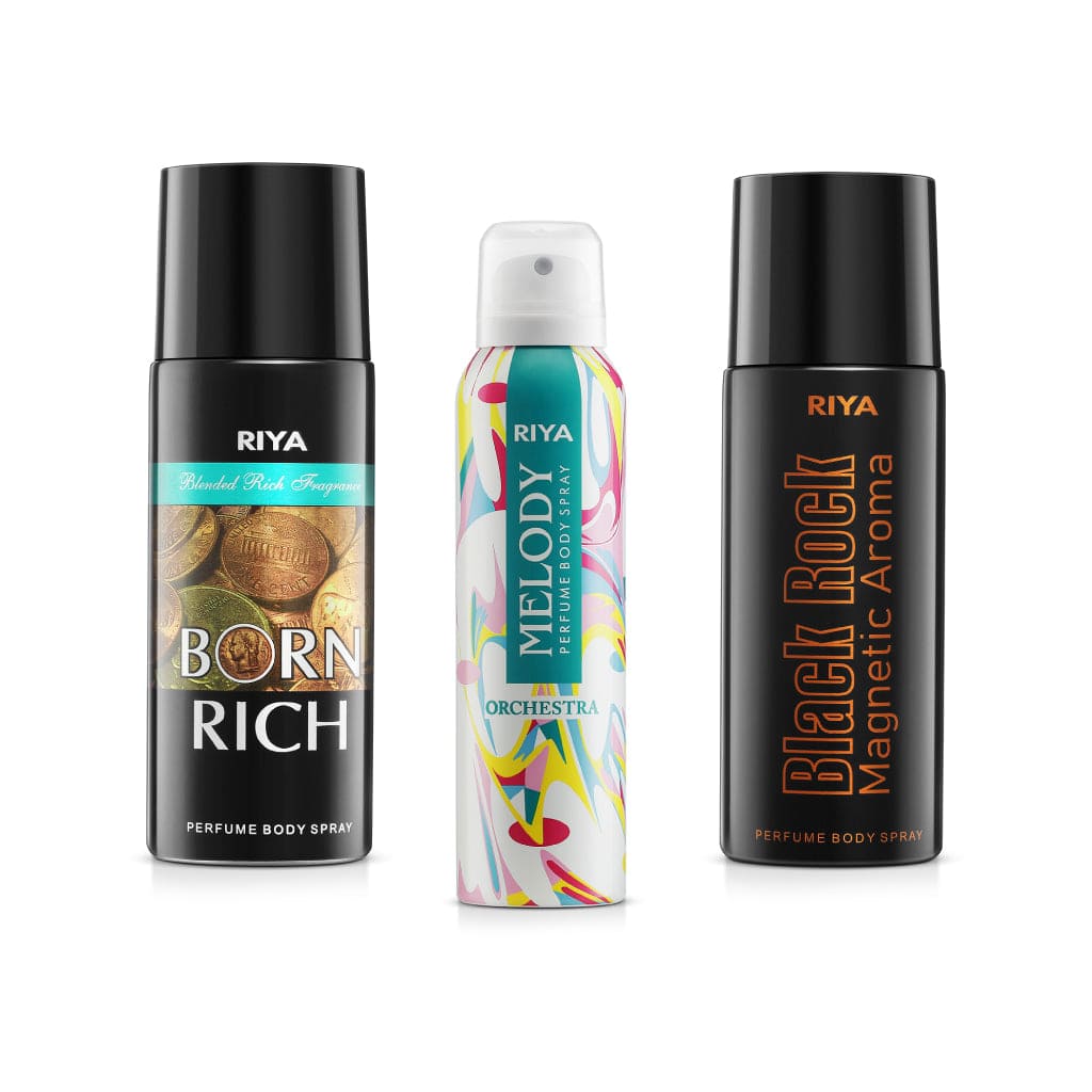 Riya Born Rich And Melody Orchestra And Black Rock Body Spray Deodorant For Unisex Pack Of 3 150 Ml Each