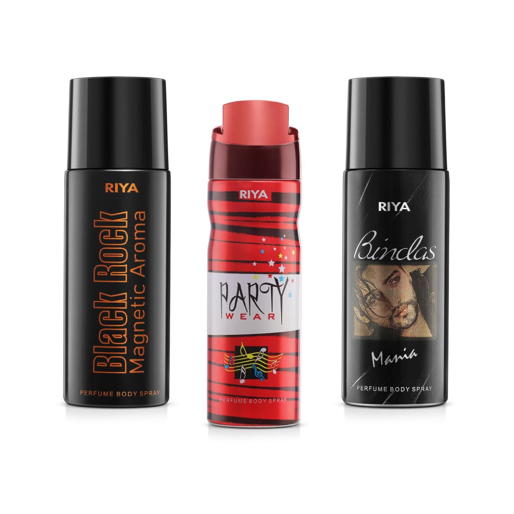 Riya Black Rock And Party Wear And Bindas Body Spray Deodorant For Unisex Pack Of 3